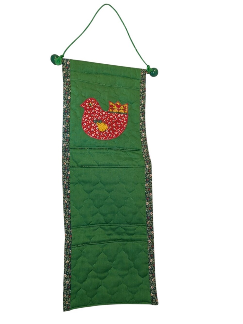 60s 70s Vintage Green Ebrd Bird Quilted  Wall Organizer Pocket Hanging Storage‎